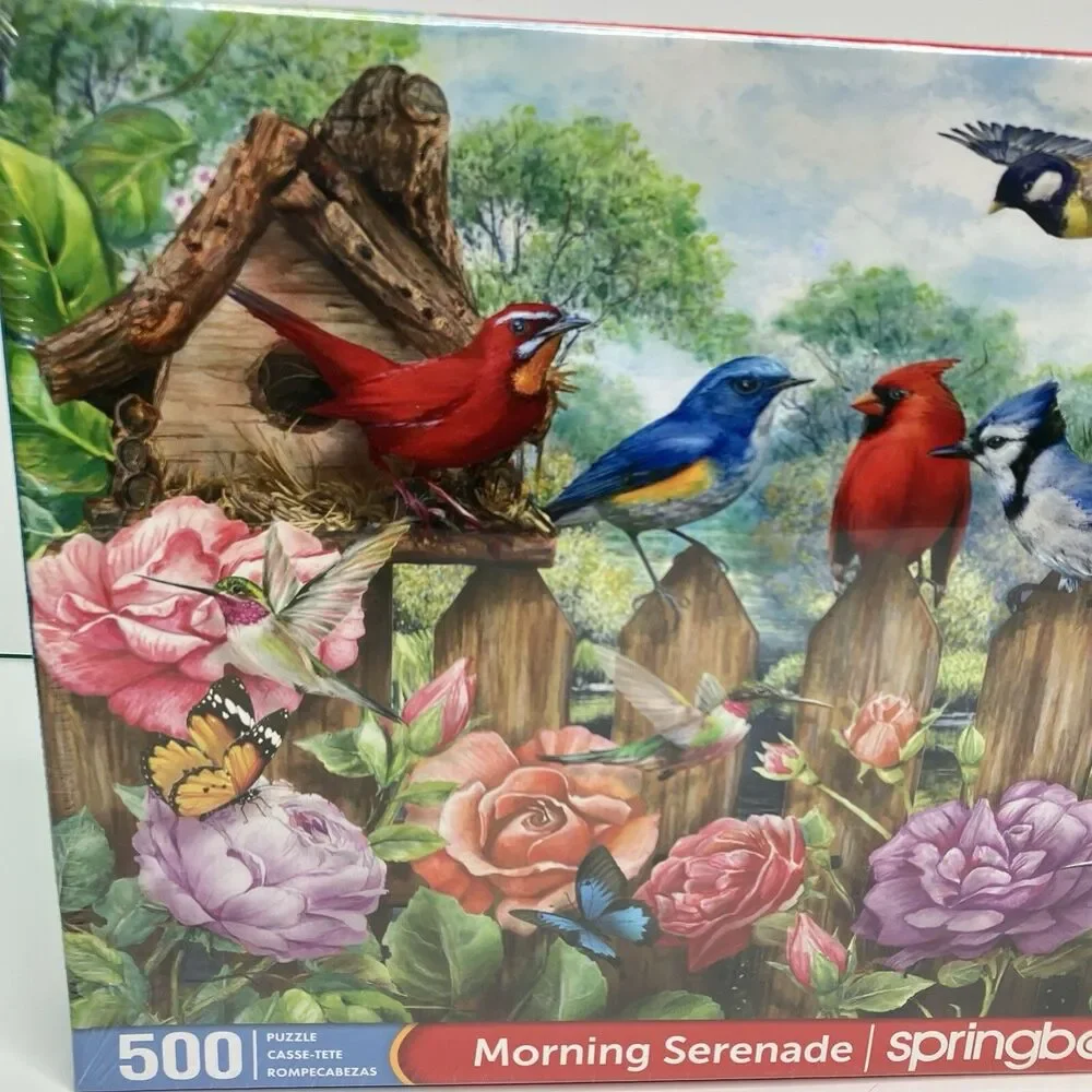 Springbok MORNING SERENADE 500 Piece Puzzle Birds Birdhouse Roses Cardinals